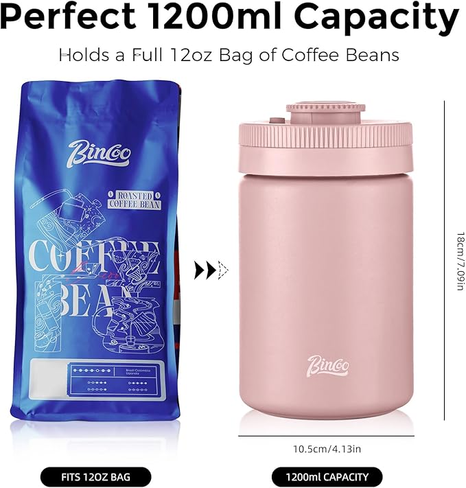 Bincoo Coffee Canister, Large Stainless Steel Coffee Bean Storage Container with Date Tracker, One-Touch Vacuum Seal Coffee Canister, Airtight Food Storage Container Freshness Kit for Coffee Beans