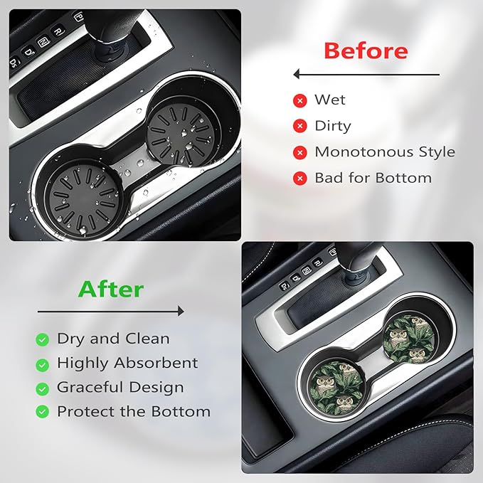 Car Cup Holder Coasters, 2 Pcs Ceramic Coasters with Finger Slot and Cork Back, Anti-Slip Shock Absorbing Women and Men Universal Car Accessories - Green Leaf Owl