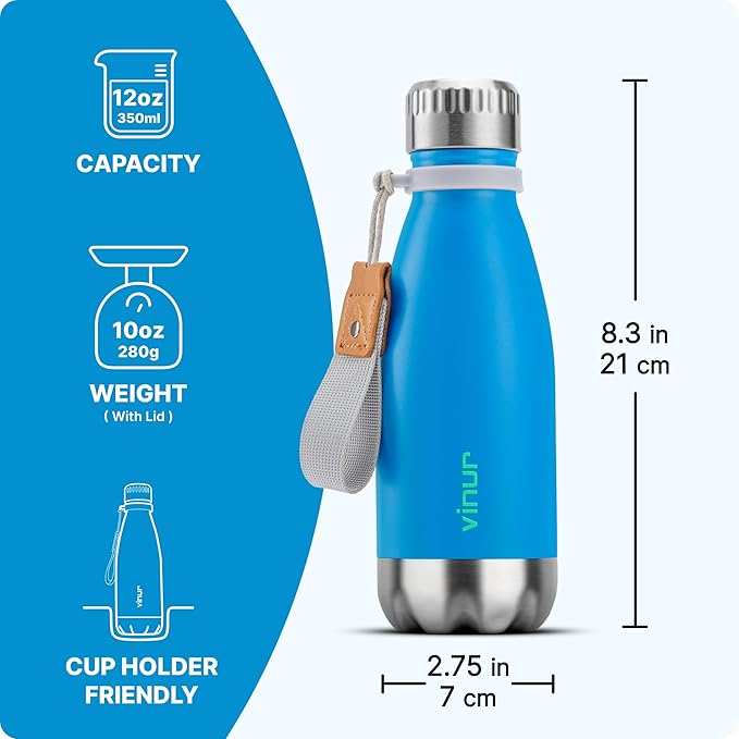 VINUR 12 oz Water Bottle for Kids-Stainless Steel Insulated Water Bottle for School-Cola Shape Leak Proof Travel Flask for Girl and Boy, Sky Blue