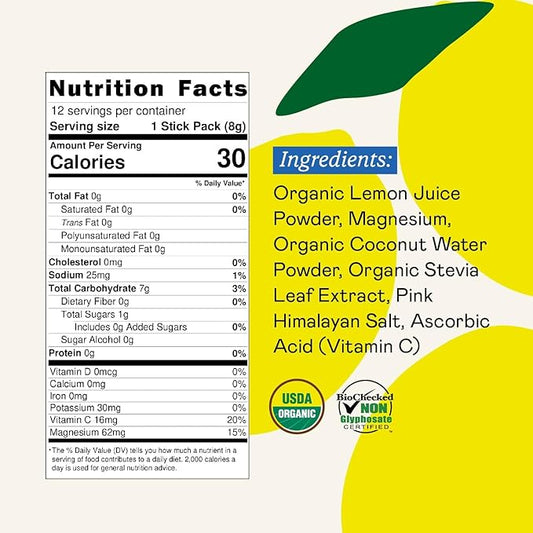 GOODONYA Organic Hydration Electrolyte Drink Mix, Certified Organic Hydration Powder, Non-GMO, Biochecked Glyphosate Free, Low Sugar, Lemonade Flavor, No Artificial Flavors,12 Stick Packs