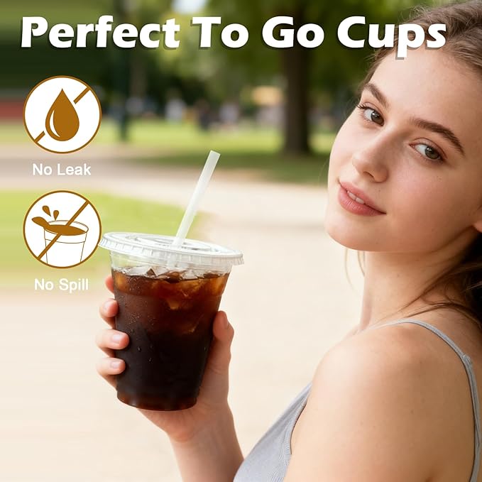 Lamosi 100 Pack 12 oz Clear Plastic Cups with Lids and Straws, Disposable Plastic Coffee Cups with Lids for Iced Coffee, Cold Beverages, Smoothies and To-Go Drinks