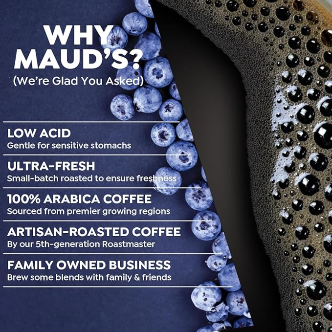 Maud's Blueberry Flavored Medium Roast Ground Coffee, 1 Bag, (20oz), 100% Arabica Coffee, 52 Servings