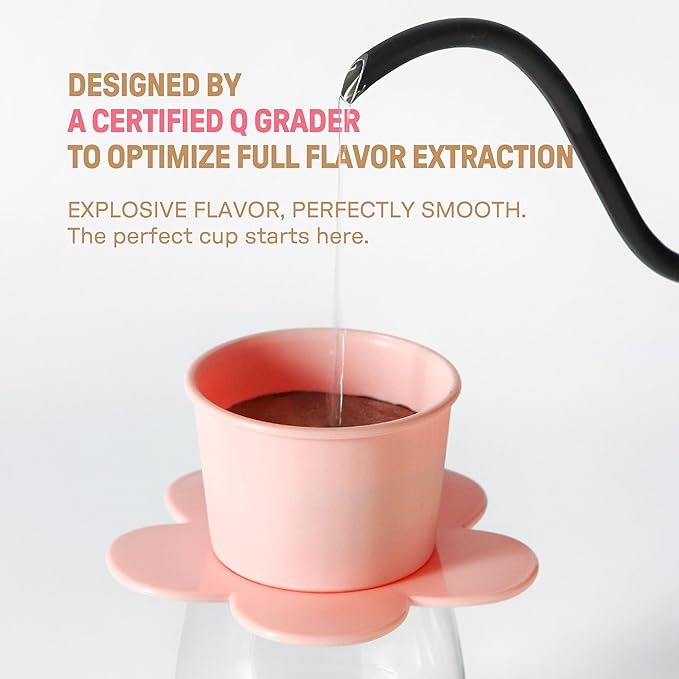 Pour Over Coffee Dripper - Vietnamese Phin Filter – Single Cup Coffee Maker 1-2 Cup with Flower Design – Plastic Reusable Coffee Filter for Manual Brewing, Travel Friendly (Pink + Navy)