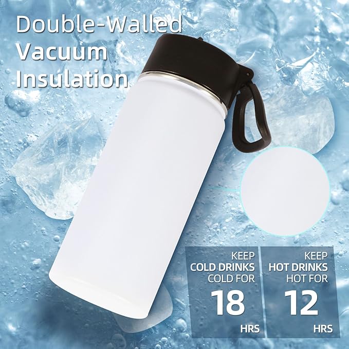 Volhoply 16 OZ Kids Water Bottle Bulk 8 Pack,Insulated Sports Bottles with Straw Lid,Stainless Steel Bottle with Handle Keep Cold & Hot,Double Wall Vacuum Tumbler Cups for School(White, 8)