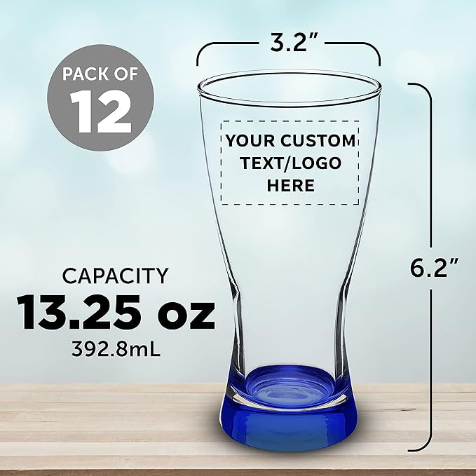 Custom Pilsner Glasses 13.25 oz. Set of 12, Personalized Bulk Pack - Made in the USA, Perfect for Hotels, Restaurants, Bars and Even Party Favors - Blue