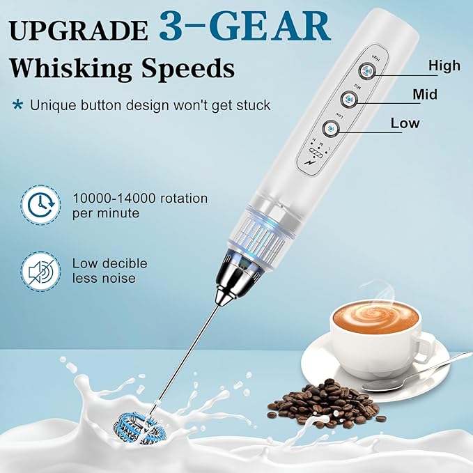 Milk Frother Handheld with Stand, Electric Whisk 3 Speed Adjustable, Drink Mixer with Stainless 3 Whisk, Rechargeable Hand Frother Wand, Foam Maker for Latte Cappuccino Hot Chocolate Egg White