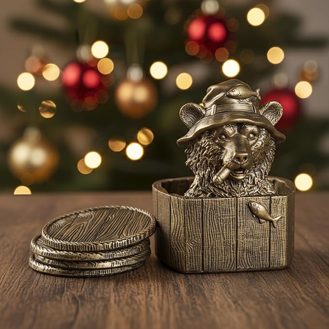 Cabin Coasters Set 6 Full Size Non-Slip Bar Coasters, Indoor Christmas Decorations, Man Cave Gifts for Men, Rustic Handmade Decor for The Home (Bear)