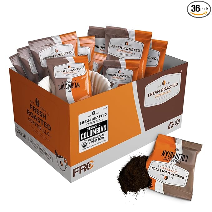 Fresh Roasted Coffee, Organic Colombian | USDA Organic, 100% Single Origin, Kosher | Pre-Ground Fractional Packs, 2.25 Ounce, 36 Count