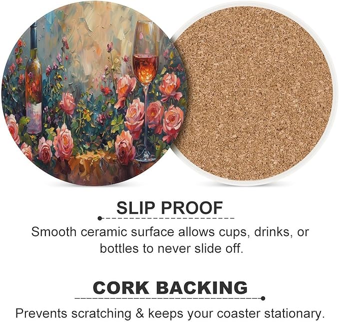 Red Wine Drink Coasters, Round Ceramic Drink Coaster Round-6PCS, Oil Painting Style Red Wine Grapes Floral Rose Flower Pattern Decor Absorbent Ceramic Coasters for Beverage Cup, Bar, Coffee Table