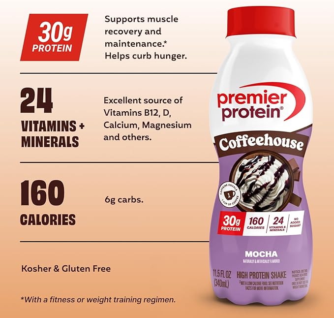 Premier Protein COFFEEHOUSE Mocha Protein Shake with Caffeine for Energy – 30g Protein, No Added Sugar, 24 Vitamins & Minerals, 11.5 fl oz, 12 Pack