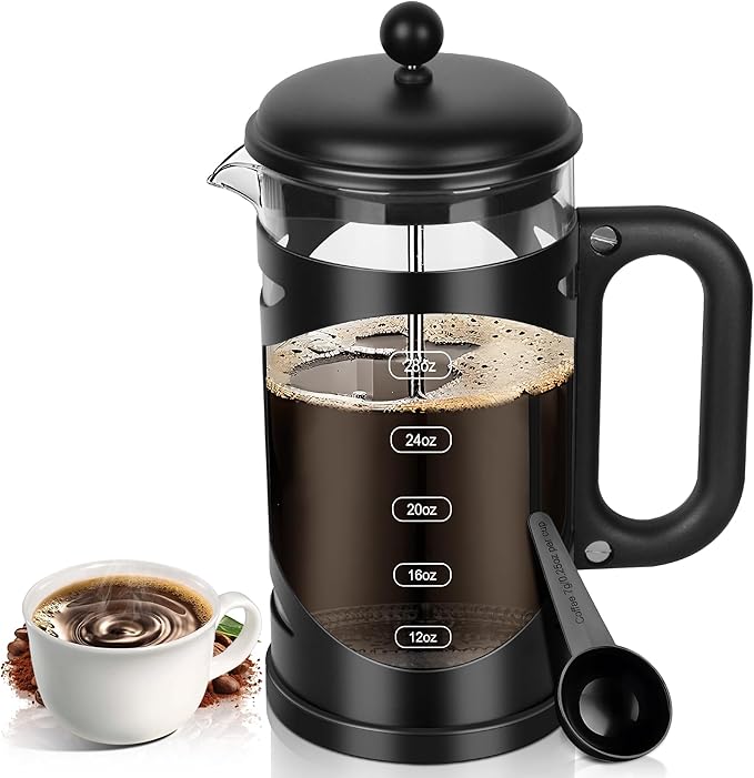 YMMIND 34 Ounce French Press Coffee Maker Black Stainless Steel Coffee Press, with 4-Level Filter System, Heat Resistant Thickness Borosilicate Glass, BPA-Free Brewed Coffee Pot for Camping Gifts