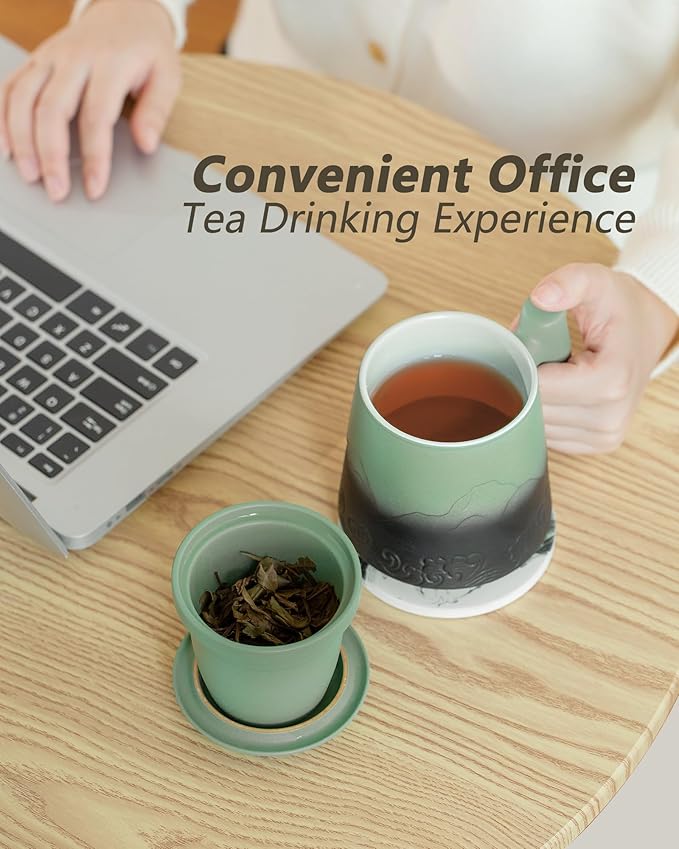 ZENS Tea Mug with Infuser and Lid for Loose Leaf Tea Steeper, 15.2oz Ceramic Tea Cup with Fine Tea Strainers and Absorb Coaster, Wood Handle Large Diffusers Mugs Tea Lovers Gifts