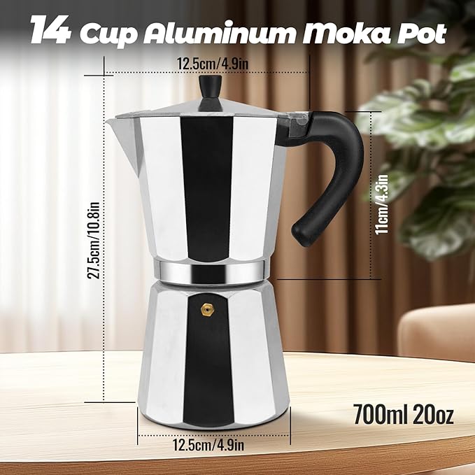 Vaolvpant 14 Cup Aluminum Moka Pot Classic Stovetop Espresso Coffee Maker 700ml 23oz Coffeemaker Percolator Mocha Pot Greca Coffee Maker Cafe Makers for Italian and Cuban Café Brewing Silver