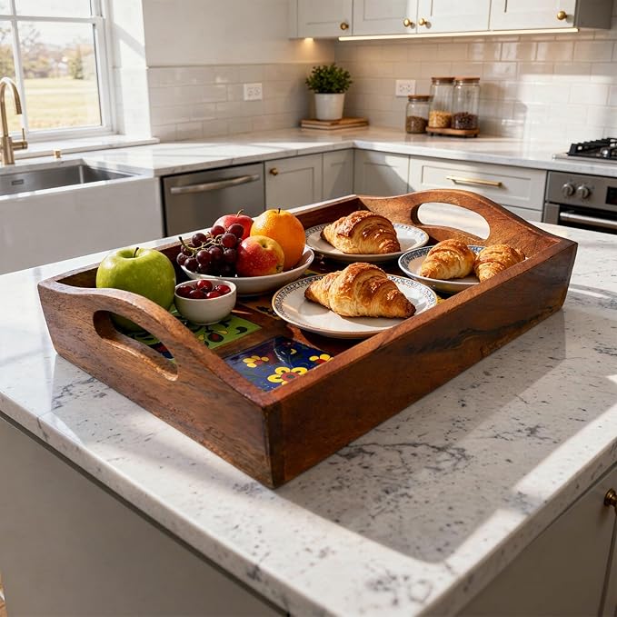 Craft Trade Mango Wood Serving Tray with Handle and 6 Fitted Floral Ceramic Tiles Wooden Platters Perfect for Breakfast Tea Coffee Snacks Dinner 30x23x8 cm Rectangle