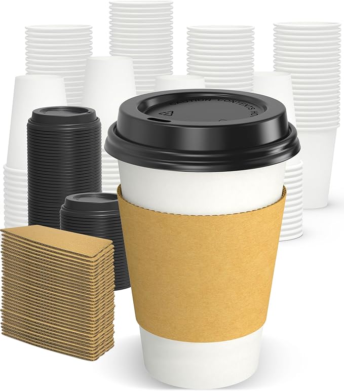 Dealusy 100 Pack 12 oz Disposable Coffee Cups with Lids and Sleeves, Sturdy Thick Paper & Leak-free Insulated to Go Paper Hot Coffee Cups with Sip Lids for Hot & Cold Beverage | with Lids, and Sleeves, Sturdy, Leak-free, Insulated, to Go Coffee Cups