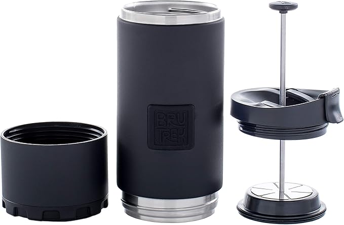 BruTrek OVRLNDR Travel Coffee French Press, 24 fl.oz Capacity, Double Wall Vacuum Insulated, Easy To Clean Removable Bottom, No Spill Lid, On The Go Coffee Brewing (Obsidian)