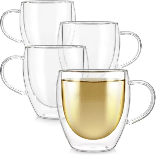 Teabloom Double Walled Cups – 8 oz / 250 ml – Set of 4 Insulated Glass Cups for Tea, Coffee, Espresso, and More – Clarity Glasses