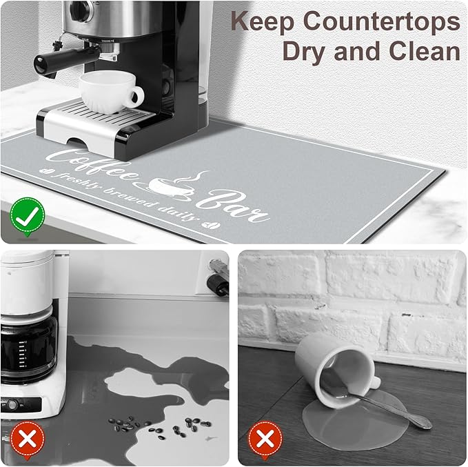 Absorbent Coffee Mat, Fashion Dish Drying Mat for Kitchen Counter Coffee Bar Accessories Espresso Machine Dish Rack 17" x 32" Light Grey