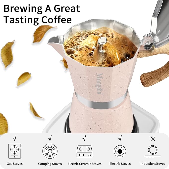 Mongdio Stovetop Espresso Maker Moka Pot, Cuban Coffee Maker Stove top coffee maker Moka Italian Espresso Greca Coffee Maker Brewer Percolator, 12 Espresso Cups, 20 oz - Pink