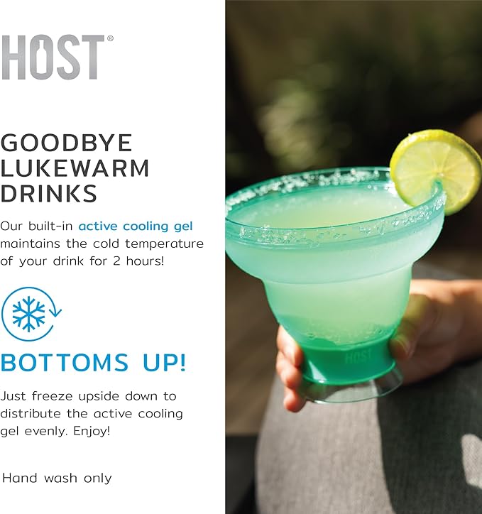 HOST FREEZE Stemless Margarita Glasses, Insulated Plastic Cocktail Glasses for Frozen Drinks, Double Wall Chiller Cups for Daiquiri, Tiki Drinks, Home Bar, Party Gifts, 12 oz, Set of 2, Aqua Blue