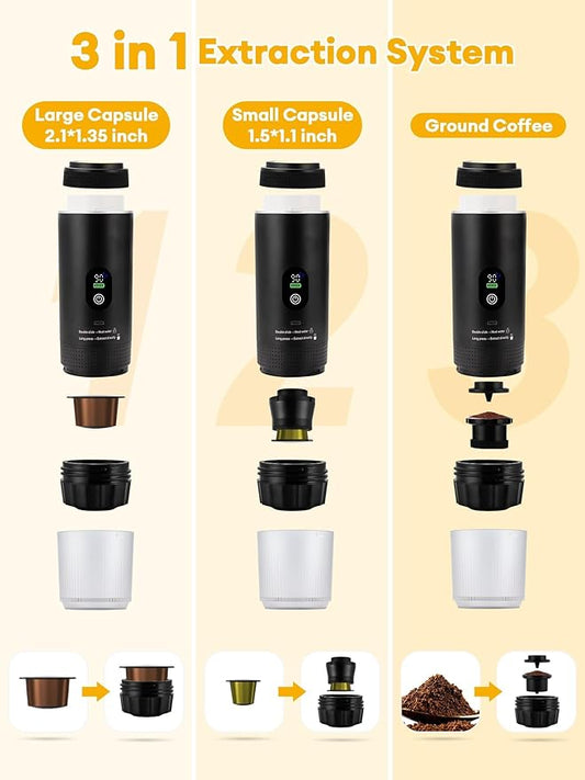 3 in1 Portable Espresso Machine with LED Display,20 Bar Pressure,Real-Time Temp&Battery Indicator,Portable Coffee Maker Compatible with Ground Coffee & Capsules, for Travel,Home & Office