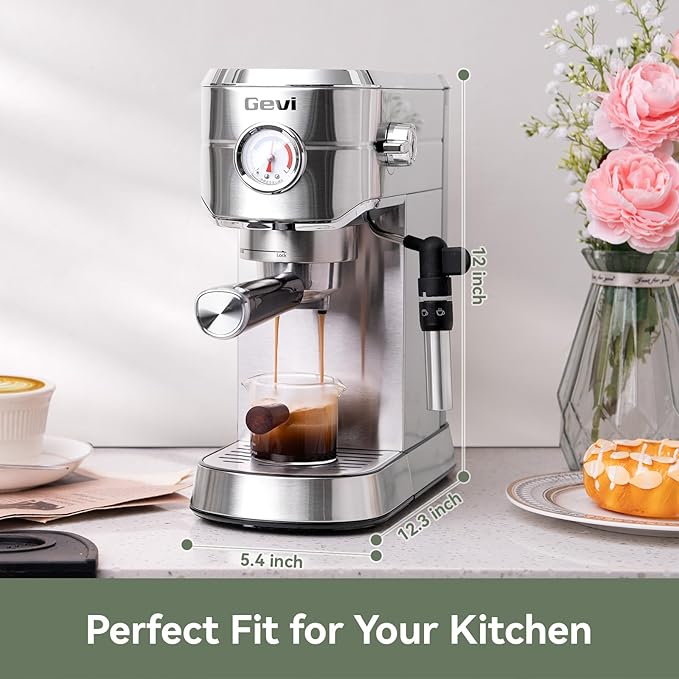 Gevi Espresso Machine 20 Bar - Auto Milk Frother & Steam Wand, NTC Temp Control, Compact Stainless Steel Cappuccino Maker, Gift for Coffee Lovers & Home Baristas