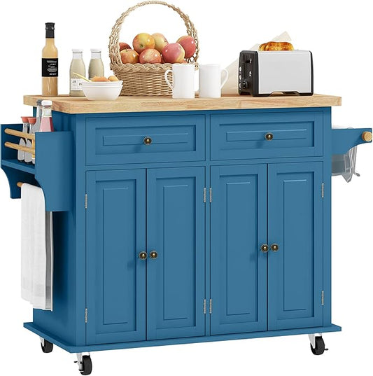 HOMCOM Kitchen Island Cart with Rubber Wood Top, Rolling Kitchen Island Table on Wheels with Drawers, Adjustable Shelves, Spice Rack and Towel Rack for Dining Room, Turquoise