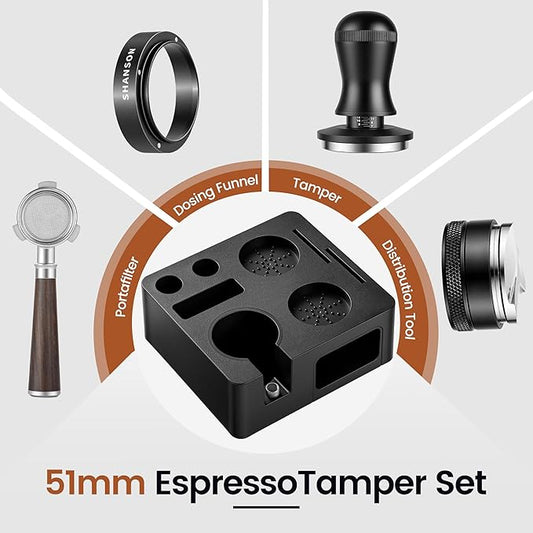 ShanSon Espresso Accessories Kit,7-in-1 51mm Compact Espresso Tamper Set: Espresso Tamper, Distributor, Bottomless Portafilter, Dosing Funnel,Station