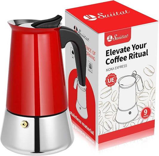 Suiitat Moka Pot, 9 Cups (15.9 oz) Stovetop Espresso Maker, 304 Stainless Steel Moka Pot, Induction Compatible, Red