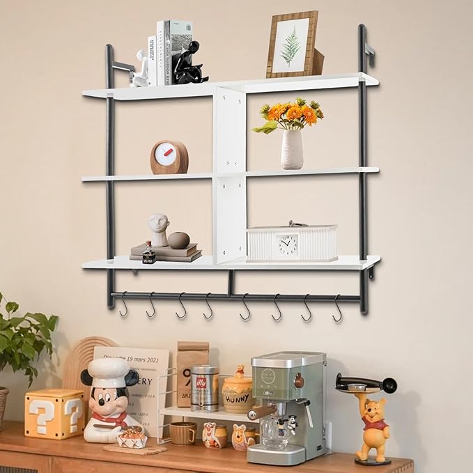 Industrial Pipe Wall Shelf with 8 Hooks – 3-Tier 42" White Floating Shelf | 55lb Load Carbon Steel & MDF for Kitchen Coffee Bar Bathroom Office Storage