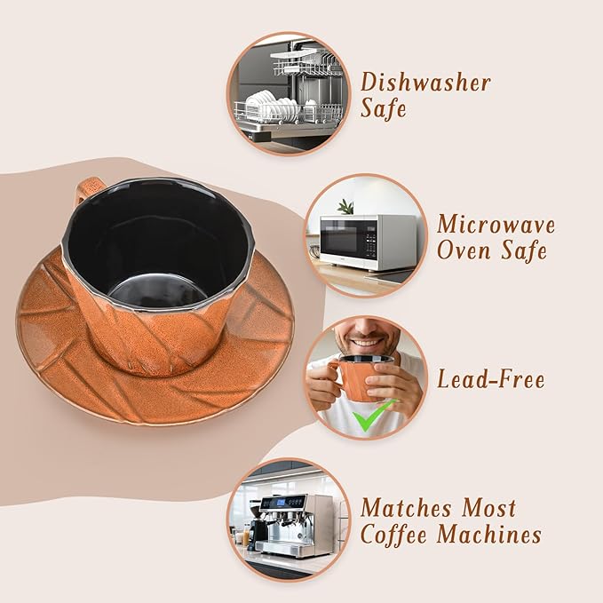 MyBudsBuzz Ceramic Espresso Cups with Saucers 6 oz,Coffe Cups for Cappuccino,Latte,Tea with Saucers Set of 2 - Geometry - Brown