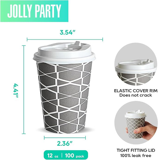 JOLLY PARTY Disposable Coffee Cups with Lids -12 oz (100 Sets) To Go Cups, Paper Coffee Cups for Beverages Espresso Tea, Suitable for Cafes, Offices and Home