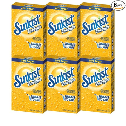 Sunkist Singles-To-Go Drink Mix, Pineapple, Non-Carbonated, Low-Calorie, Zero Sugar, 6 CT in each box (Pack of 6)