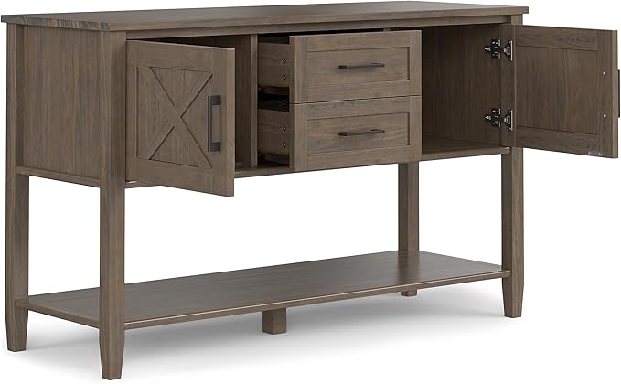 SIMPLIHOME Ela Console Table - 48 Inch Wide Solid Wood Sofa Table in Smoky Brown, Transitional Storage Table for Entryway or Living Room with 2 Drawers, 2 Cabinets, Open Shelf, and X-Panel Doors