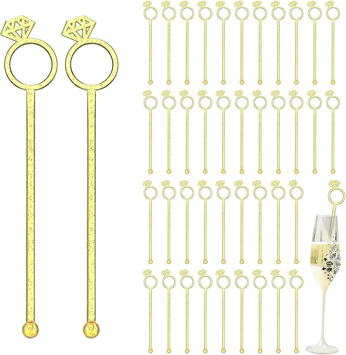 30 Pcs 6 Inch Diamond Ring Coffee Stirrers Reusable Cocktail Wedding Drink Stirrers Golden Silver Plastic Beverage Swizzle Stick for Wedding Party Festival (Golden)