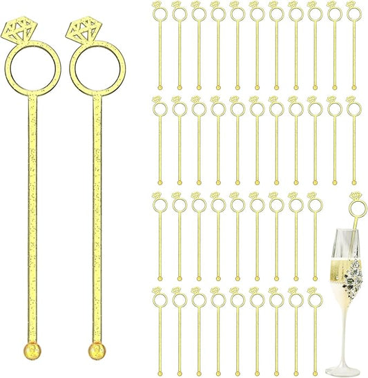 30 Pcs 6 Inch Diamond Ring Coffee Stirrers Reusable Cocktail Wedding Drink Stirrers Golden Silver Plastic Beverage Swizzle Stick for Wedding Party Festival (Golden)
