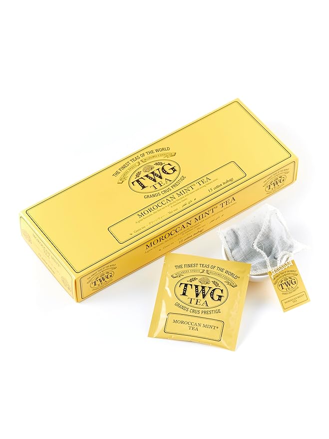 TWG Tea | Moroccan Mint Tea | Green Tea | Spearmint Leaves | 15 Hand Sewn Cotton Tea Bags | Gift Set