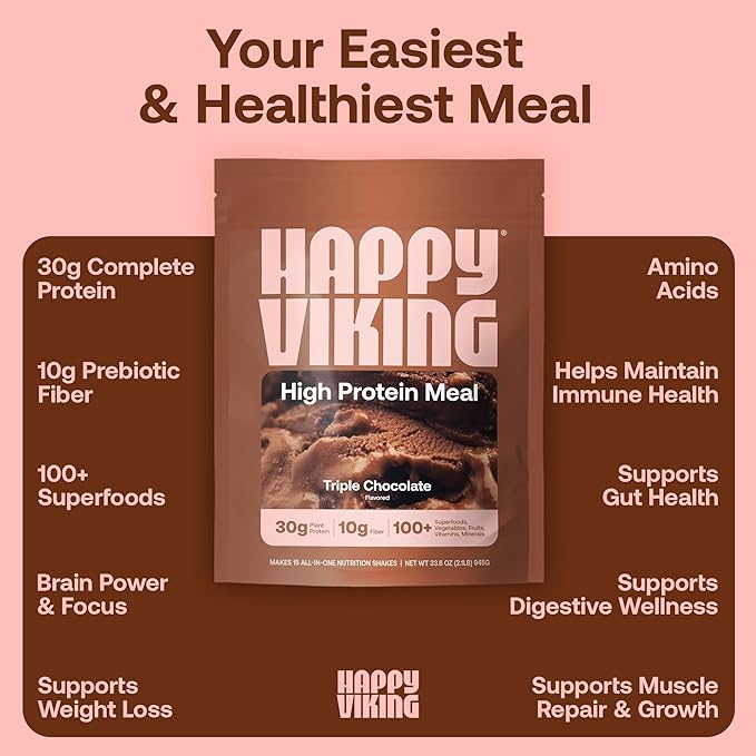 Happy Viking Plant-Based Protein Powder +100 Superfoods Chocolate Meal Replacement Shake, Created by Venus Williams, 30g Plant Protein, 10g Fiber, Vegan, Gluten-Free, Non-GMO, 15 Meals