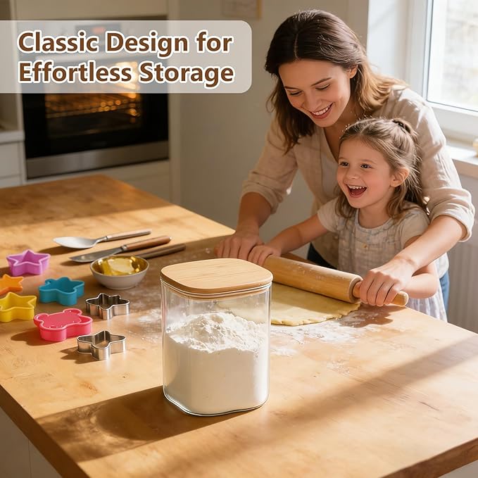 KEYWING 115oz Glass Food Storage Containers with Bamboo Lids, 2 Pack Large Square Airtight Glass Jars for Flour, Sugar, Cereal, Rice, Pasta & Coffee Beans