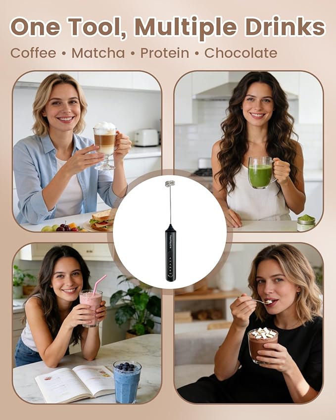 Rechargeable Electric Milk Frother Handheld, 3-Speed Wireless Preventing Splashing Drink Mixer with Stand, 10-Second Frothing for Coffee, Matcha, Latte, Cappuccino, and Protein Shakes, Black