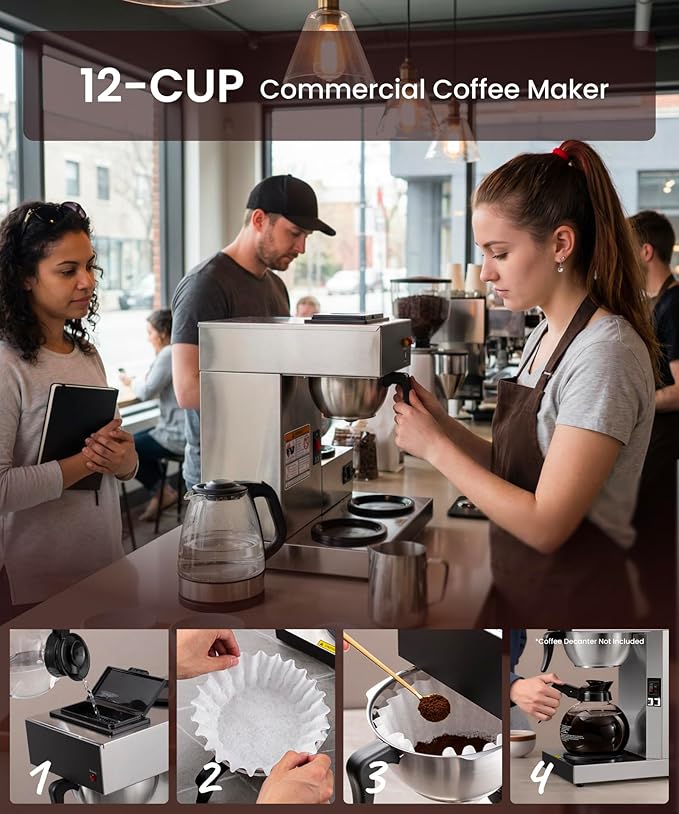 SYBO Commercial Coffee Maker 12 Cup, Pour Over Drip Coffee Maker Brewer with 3 Lower Warmers, Stainless Steel Cafetera