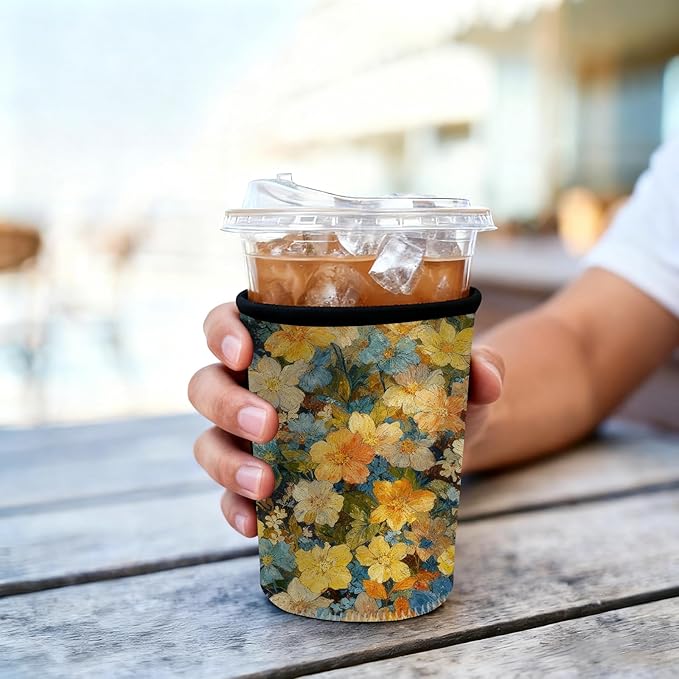 Neoprene Iced Coffee Sleeve 3 Pack, Reusable Insulated Cup Holder with Vintage Oil Painting Floral Pattern, Fits 16–32 oz Tumblers, Compatible with Starbucks & Dunkin