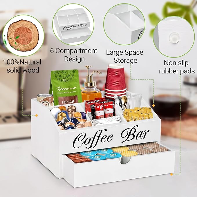 Coffee Bar Organizer Countertop, Wooden Bar Accessories With Drawer, Coffee Station Organizer Pods Holder Storage Basket, Farmhouse Tea Condiment Station