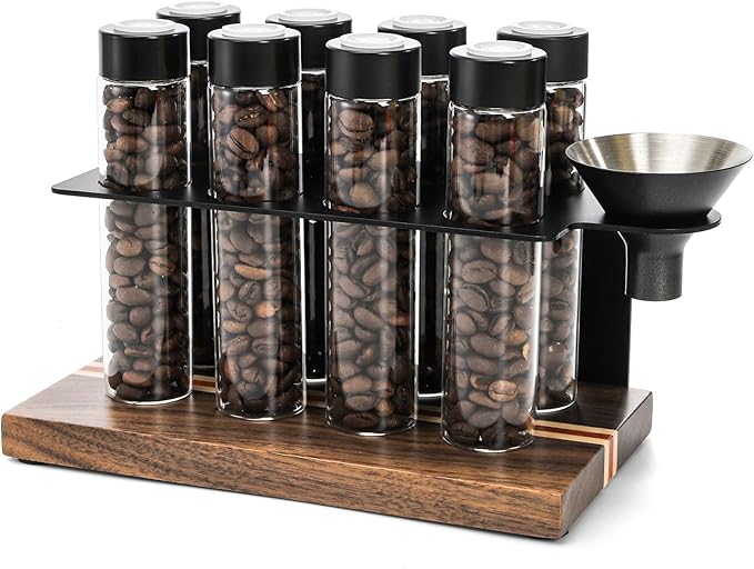 AVLA 8 Pack 2 OZ Coffee Bean Cellar Tubes, Single Dose Coffee Beans Storage with One-Way Exhaust Valve, Glass Espresso Beans Container, Dosing Vials with Wooden Stand Hopper for Coffee Lover, 20-22g