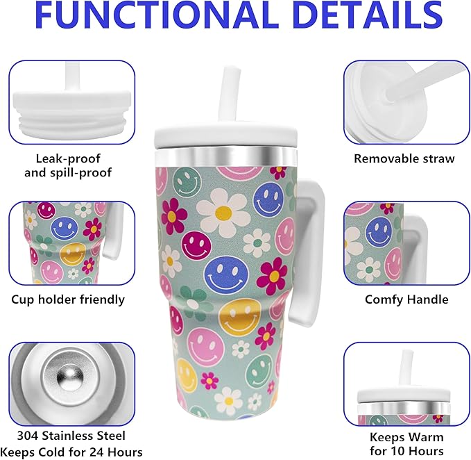20-OZ Insulated Water Bottle,Insulated Stainless Steel Tumbler,Reusable Cold Drink Thermos,BPA-Free, Double-Wall Stainless Steel Water Bottle (Green-Simleyface Flower, 20, Fluid Ounces)