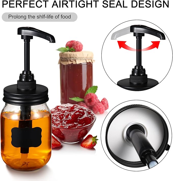 Meanplan 4 Pack Mason Canning Jar Syrup Dispenser Coffee Syrup Dispenser Pump Lids Set with Labels and Pen Honey Pump for 16 oz Regular Mouth Mason Canning Jars