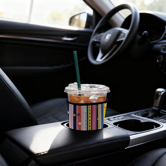 Neoprene Iced Coffee Sleeve 3 Pack, Reusable Insulated Cup Holder with Colorful Stripe & Polka Dot Pattern, Fits 16–32 oz Tumblers, Compatible with Starbucks & Dunkin
