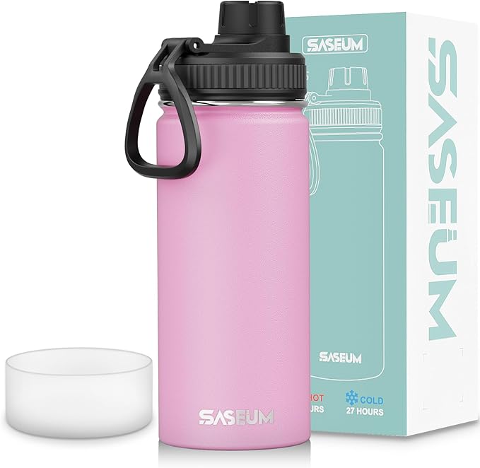 SASEUM Kids Sport Water Bottle 16oz Stainless Steel Double Wall Vacuum Thermal Mug with Leak Proof Spout Lids, Wide Mouth Metal Insulated Water Jug for Gym and Travel（Pink）