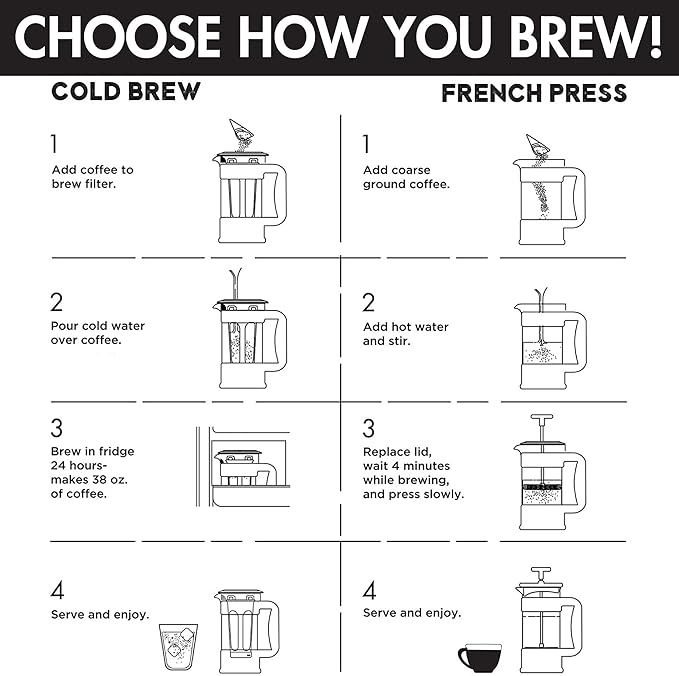 2-in-1 Coffee Maker, Make French Press Coffee and Cold Brew Coffee in One Coffee Maker, Comfort Grip Handle, Durable Glass Carafe, Perfect 6 Cup Size