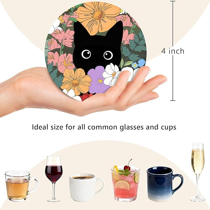 6Pcs Black Cat Coasters with Holder, Cute Floral Cat Ceramic Drink Coaster for Kinds of Cups Coffee Table Decor Cats Lover Gifts